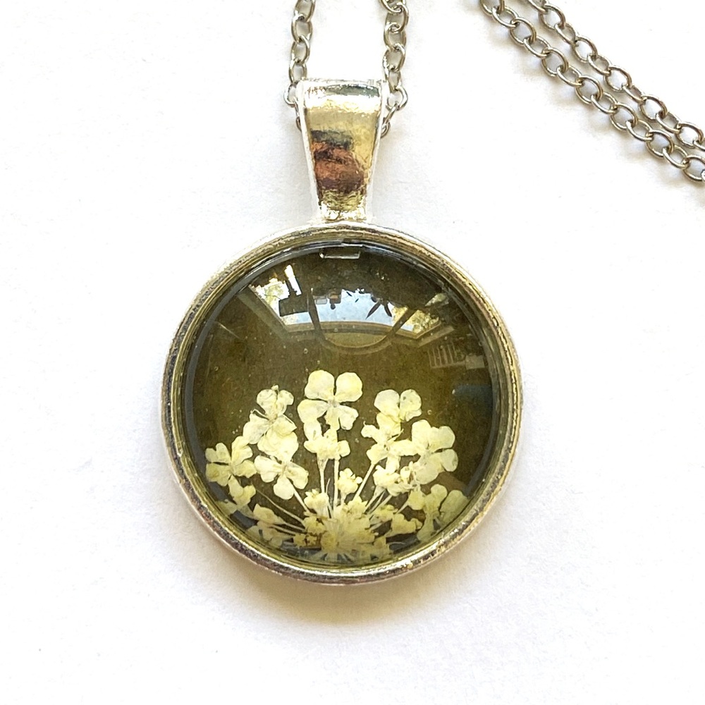 Handmade Pressed Flower Necklace in Deep Chocolate and Silver